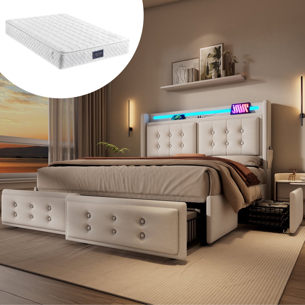 OKWISH Gestoffeerd Bed Tweepersoonsbedden 140x200 cm - Opbergbed 4 Schubladen Inclusief Matras - LED Tweepersoonsbed Met USB C Oplaadfunctie - Katoen - Beige
