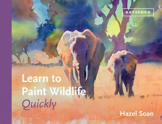 Boekcover 'Learn to Paint Wildlife Quickly' met aquarel van twee olifanten in warme, gouden tinten.
