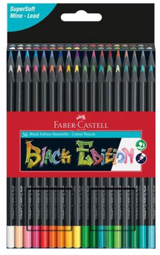 Verpakking met 36 Faber-Castell Black Edition kleurpotloden, met zwart omhulsel en gekleurde punten.