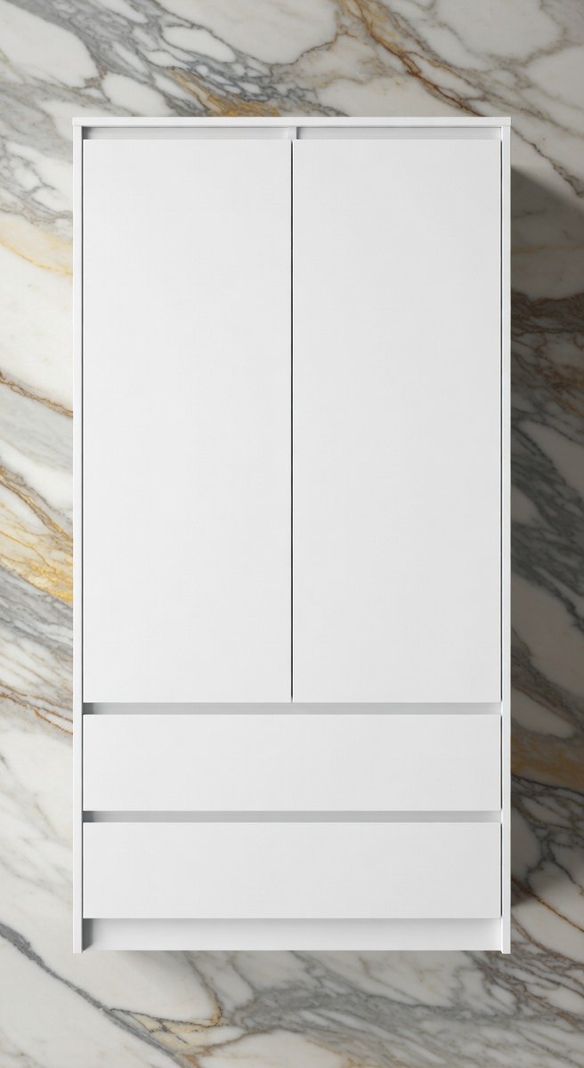 EleganceLine 2-Deurs Kledingkast met 4 Legplanken, Kledingstang en 2 Laden – 180 x 90 x 51 cm – Moderne Multifunctionele Garderobekast voor Slaapkamer, Hal en Woonkamer – Wit - House & Garden