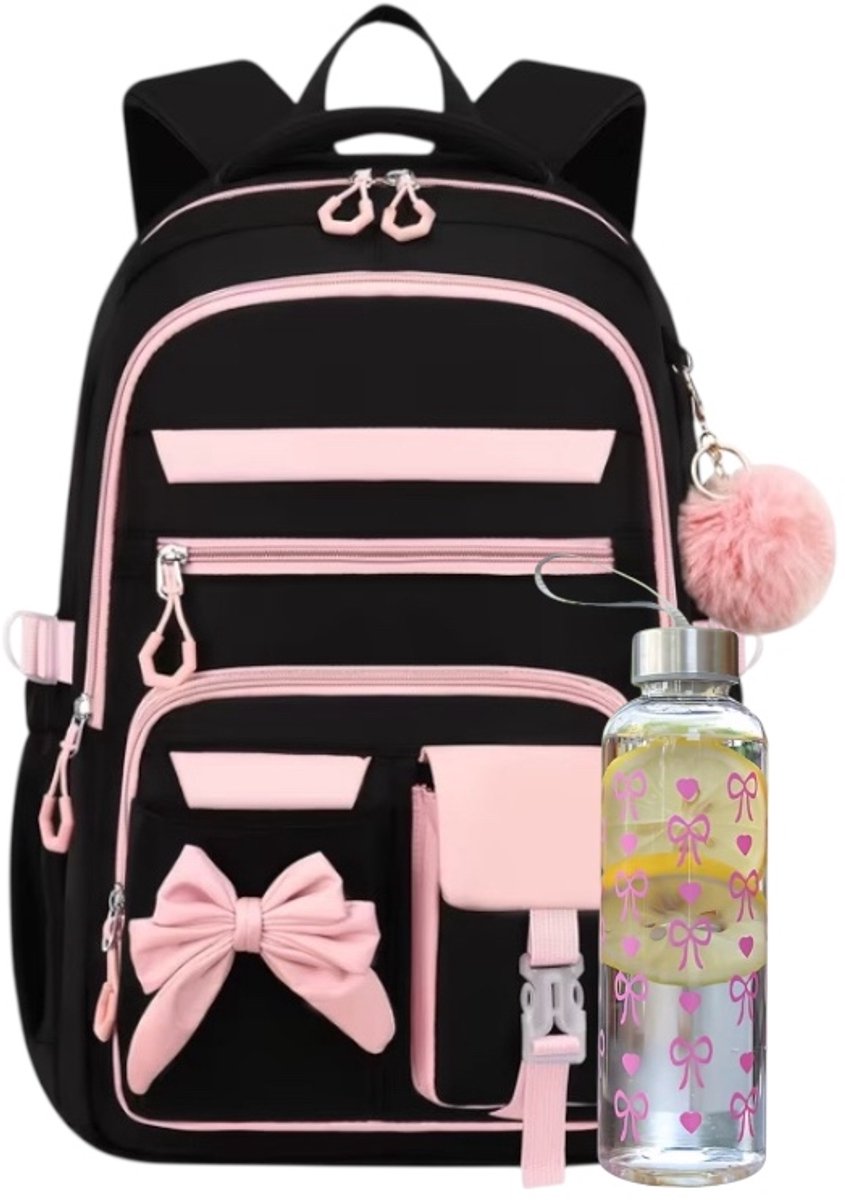 Twenty Two 2-delig set schooltas met drinkbeker voor meiden/tieners | rugtas voor school/brugklas | drinkbeker 550ml | lekvrij | schooltassen set | groot capaciteit | strikjes patroon | roze