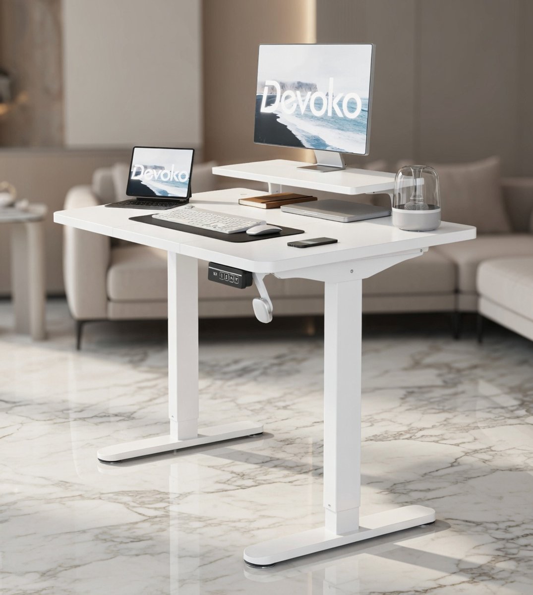 Elektrisch Zit-Sta Bureau 120x60 cm met Monitorstandaard en Geheugenfunctie – In Hoogte Verstelbaar Bureau Wit – House&Garden