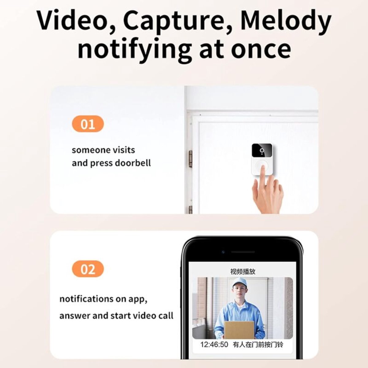 Draadloze deurbel – Slimme videodeurbel met intercomfunctie – Draadloze videodeurbel – HD-nachtzicht – Opladen via wifi – Beveiligingsdeurbel – Tweewegcommunicatie – Bediening via app – Betrouwbare huisbeveiliging – foto 4