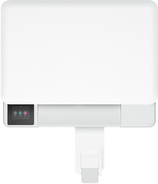 Bovenaanzicht van een witte HP Envy printer met gesloten klep en een open uitvoerlade.