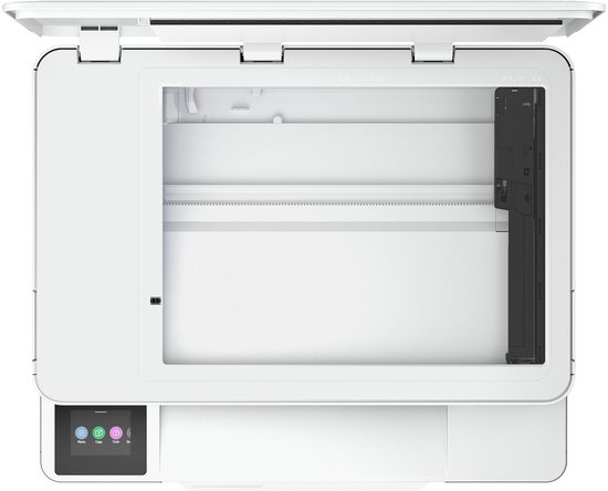 Open witte HP Envy printer, bovenaanzicht, met scannerbed en bedieningspaneel.