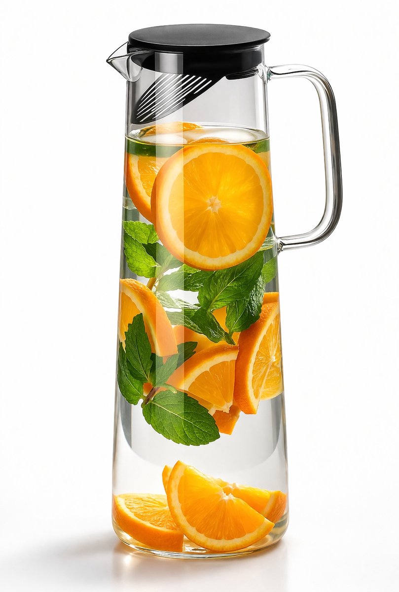 Waterkan van Glas met Deksel & Filter - Waterkaraf 1,4L - Karaf - Hittebestendig - Vaatwasserbestendig - Zwart / Transparant