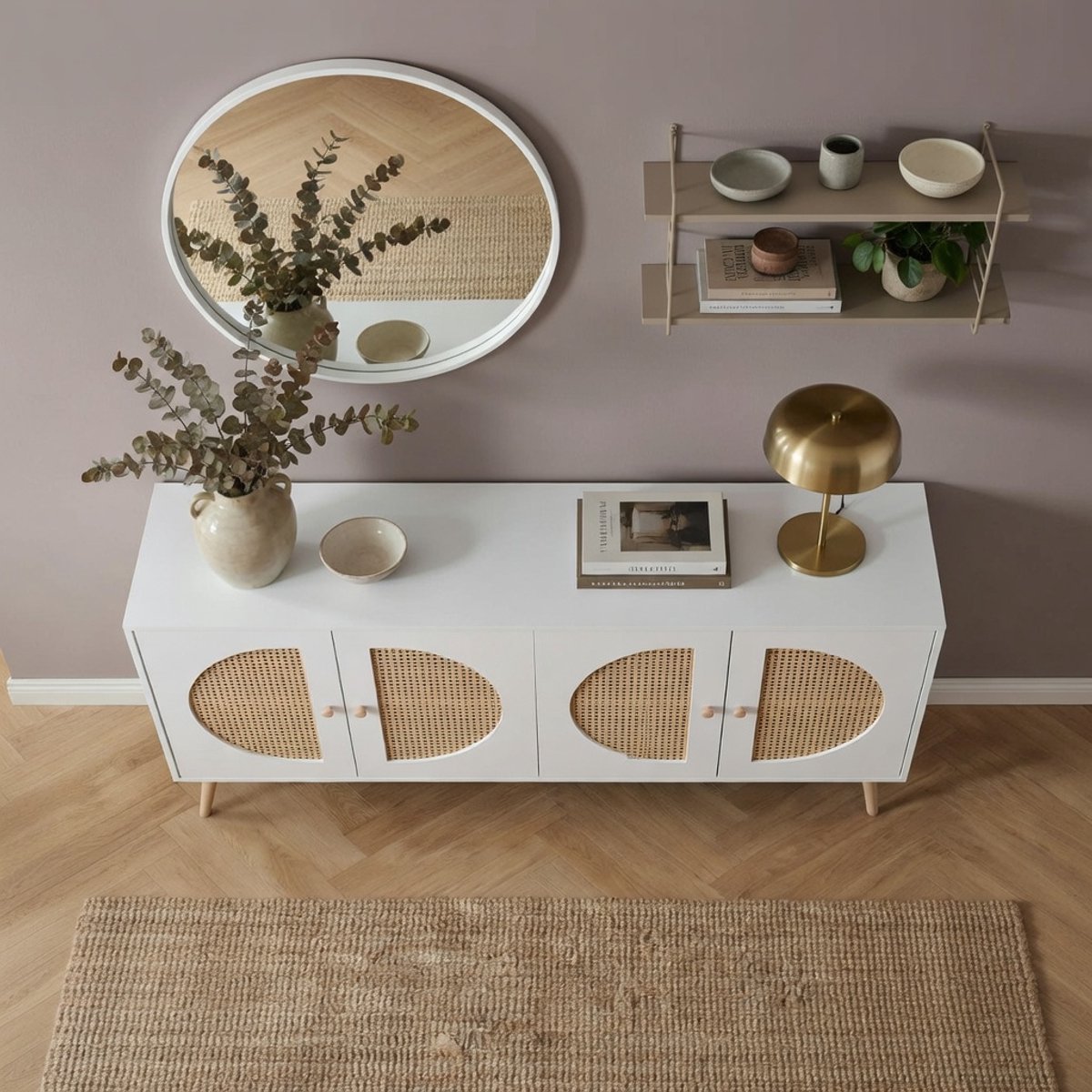 Boho Dressoir met Rotan Deuren 160 cm – Grote Buffetkast / Opbergkast / Kast voor Woonkamer, Eetkamer en Hal – Hout & Rotan Design – Wit – NoviHome