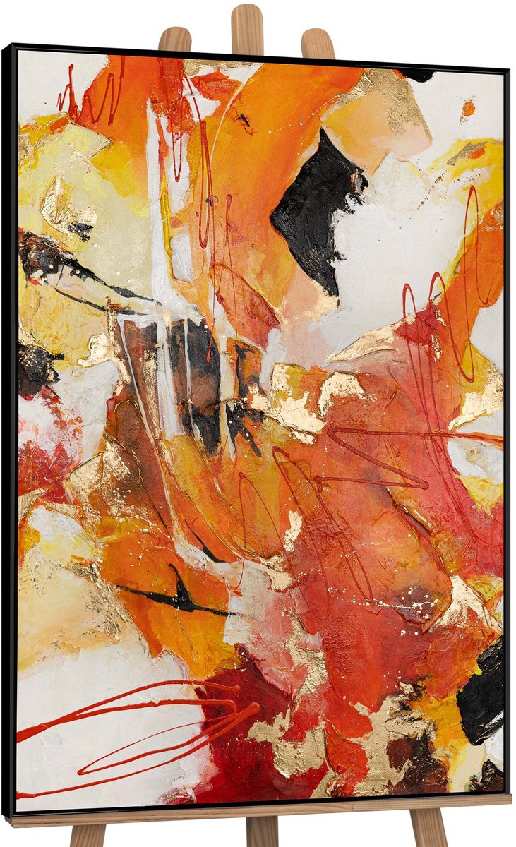 YS Canvas schilderij landschapsformaat handgeschilderd oranje explosie abstract warm – YS-Art Gallery – Energieke wanddecoratie voor woonkamer – Modern schilderij voor hal en kantoor Black