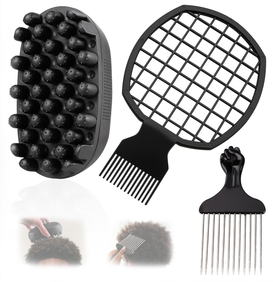 Set van 3 siliconen krulborstels en metalen afro-kammen – Duurzame, wasbare krulspons voor zwarte mannen, natuurlijk haar, dreadlocks, krullen en 4C afro-haarstylingtool-Belle's product