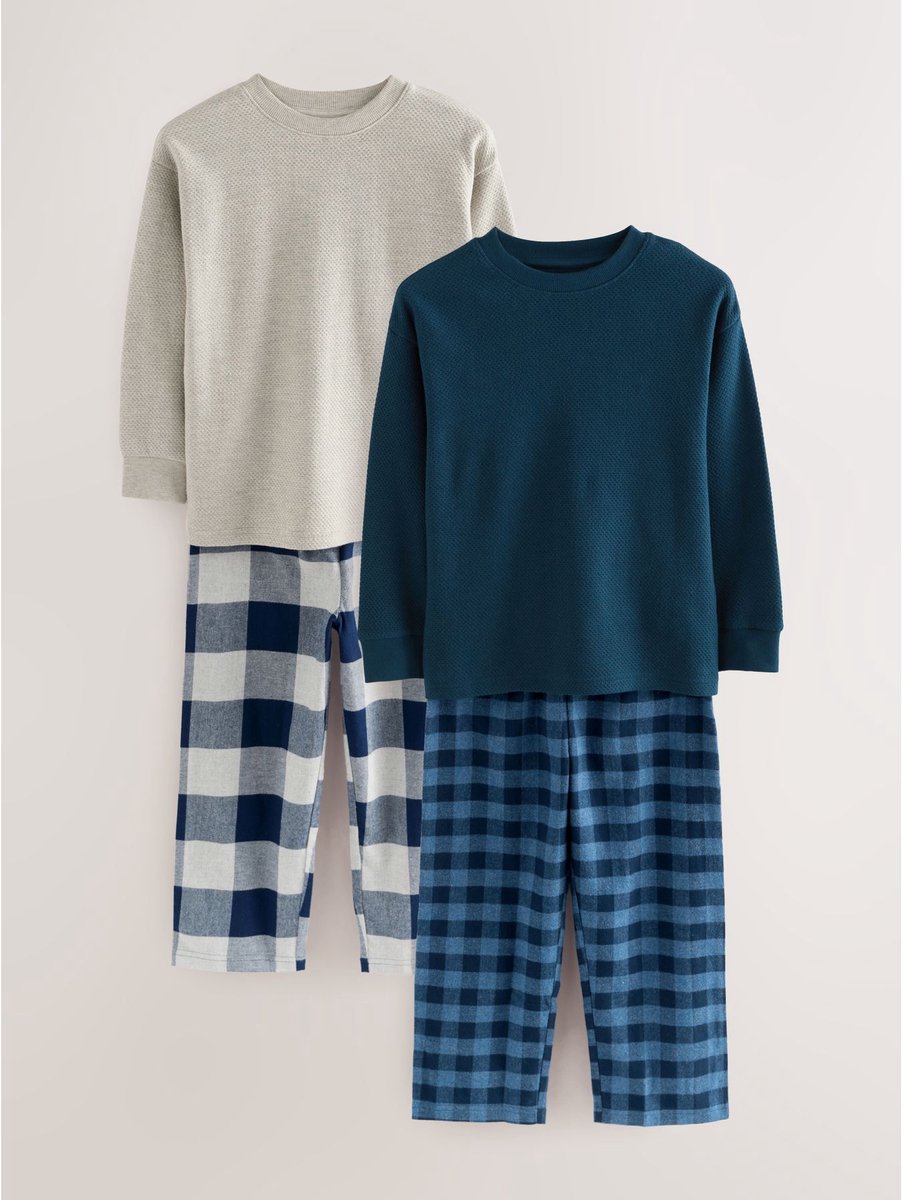 Next - Jongens - Set van 2 geweven pyjama's met lange mouwen en ruitjes - Blauw