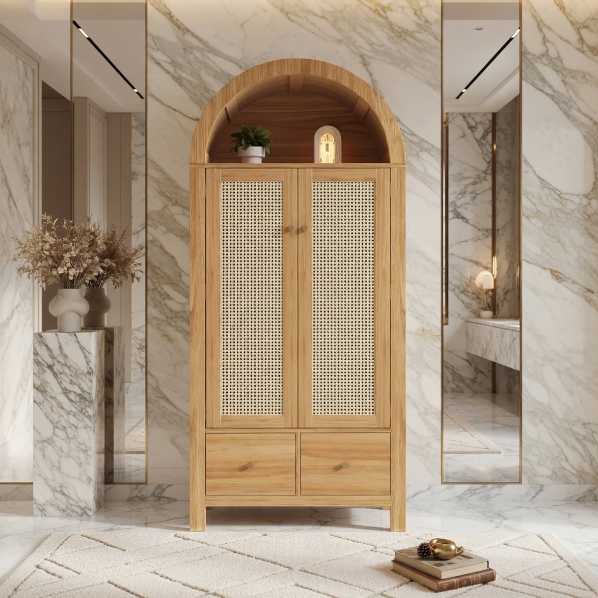 Landelijke Kledingkast Walnoot met Rotan Vlechtwerk, Open Halfronde Plank, 2 Laden & Kledingstang – Boogvormige Designkast met Magneetsluiting en Kantelbeveiliging – 181 x 78 x 45 cm - House&Garden