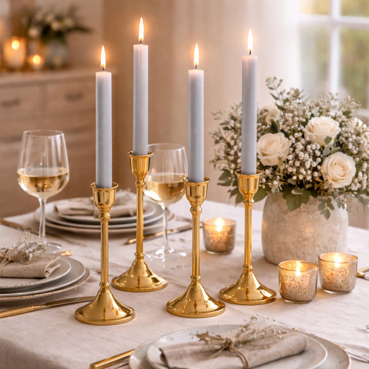 arti casa Dinerkaarsen - Set van 4 Stuks - Kleur Lichtgrijs - Rustieke Afwerking - Brandduur ca. 7 Uur - Ongeparfumeerd - Hoogte 25,5 cm - Geschikt voor Elke Tafeldecoratie en Gelegenheid