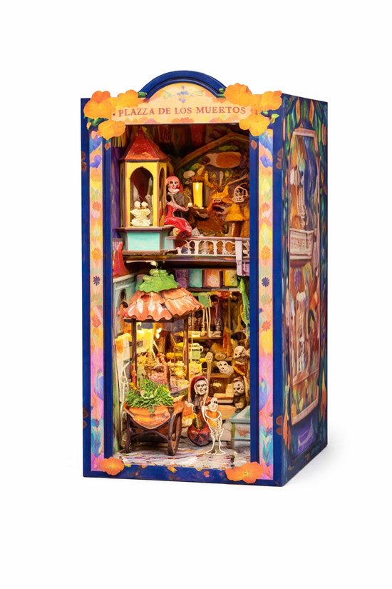 Gedetailleerde miniatuur 'Plaza de los Muertos' Boek Nook met skeletfiguren en kraampjes.