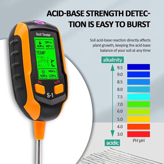 Oranje en zwarte bodemtester met groen display dat 'TEMP' en '9.5' toont, met kleurenschaal voor alkaliteit.