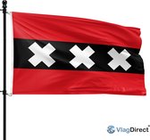 Amsterdamse vlag met drie witte Andreaskruizen op een zwarte baan tussen twee rode banen.