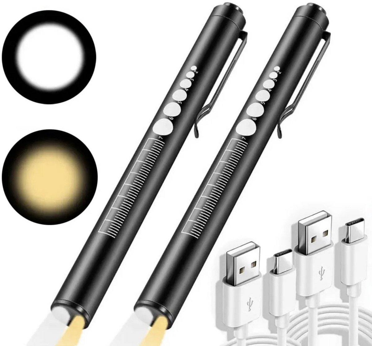 carmdering - Penlight Pupil Light - Diagnostische Penlamp - 2 Lichtmodi USB Oplaadbaar - RVS Materiaal - Met Pupilmeter En Liniaal - Draagbaar Voor Medisch Gebruik - 2 Stuks