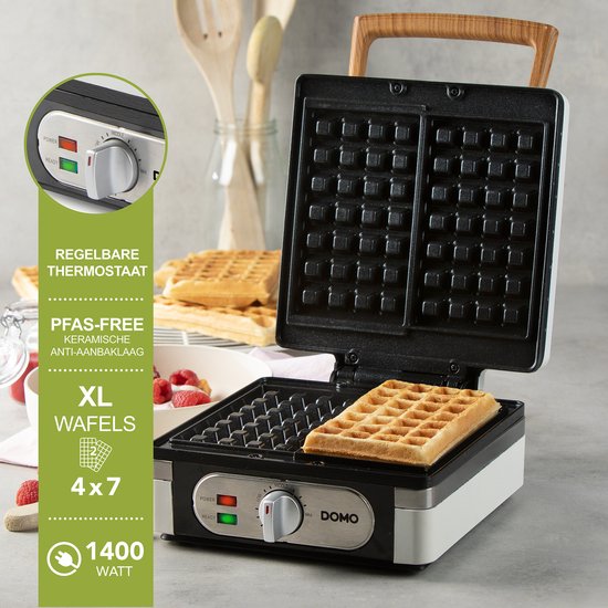 DOMO DO9274W Wafelijzer - XL wafels 4x7 - Belgische Wafels - PFAS-vrij - 1400W - Powder White van Domo — afbeelding 2
