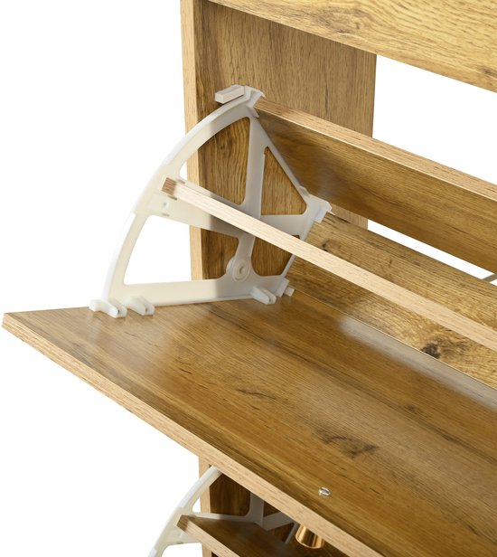 Wishdor - Schoenenkast - 3 Kleppen En Open Vakken - Japandi - Voor De Hal - MDF - Naturel - 63 X 24 X 147 Cm