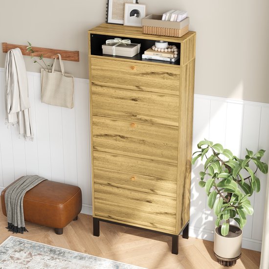 Wishdor - Schoenenkast - 3 Kleppen En Open Vakken - Japandi - Voor De Hal - MDF - Naturel - 63 X 24 X 147 Cm