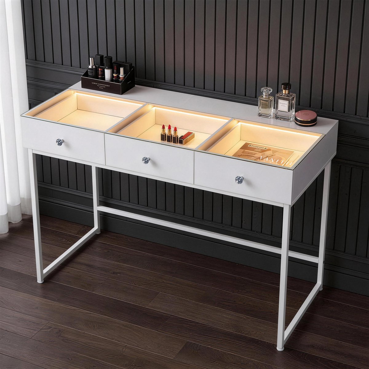 VANITII GLOBAL Kaptafel met Licht 3 Lades Wit 115 x 55 x 81 cm