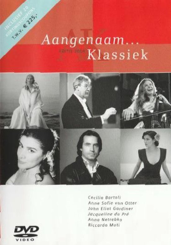 DVD hoes 'Aangenaam Klassiek 2004' met 6 portretten van musici en tekst. Inclusief 20 kortingscoupons t.w.v. € 225.