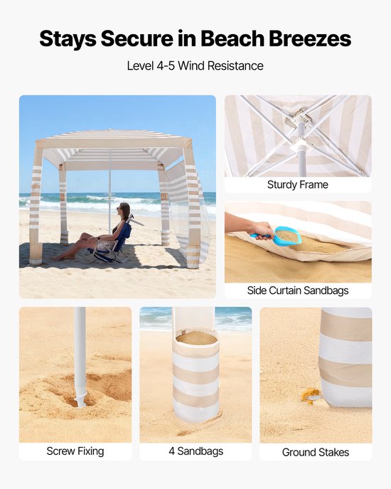 VEVOR Strandcabana, 240x240cm Strandluifel met Zijwanden, UPF 50+ Zonbescherming, Cabana met Zandzakken, In Hoogte Verstelbaar en Draagbaar Zonnescherm, Khaki Witte Strepen van Vevor — afbeelding 4
