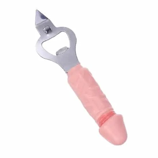 Zilveren flesopener met roze, penisvormig handvat.
