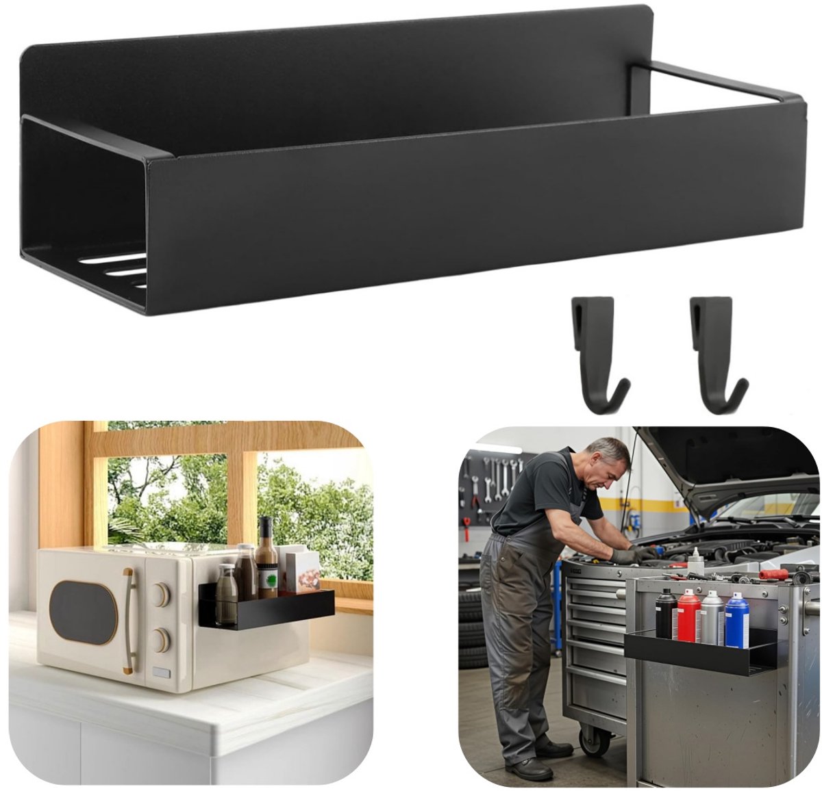 Opbergrek - wandgemonteerd opbergrek - kruidenrek - magnetisch opbergrek voor de koelkast - twee haken meegeleverd - gebruikt worden in koelkasten, ovens en muren (27*8,5cm - zwart)