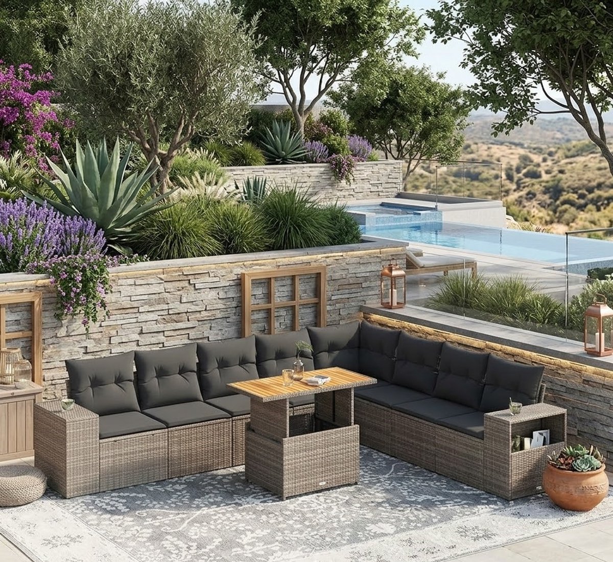 10-delige Polyrotan Loungeset met Kussens – Modern Acacia Grijs – Flexibel Modulair Design
