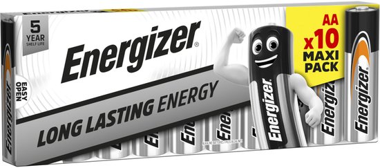 Energizer AA Maxi Pack de 10 piles avec inscription "Long Lasting Energy" et une pile cartoon avec un bras fléchi.