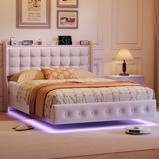 Cadre de lit 160x200 cm avec look flottant, lit en velours beige avec éclairage LED, station de charge USB/Type-C et tête de lit avec étagère de rangement