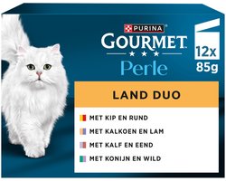 Gourmet Perle Duo – Kattenvoer Natvoer – Kip & Rund / Kalkoen & Lam / Kalf & Eend / Konijn & Wild – 48 x 85 g
