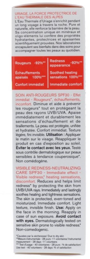 Achterkant van Uriage Roseliane tube met informatie over crème tegen roodheid SPF 30.