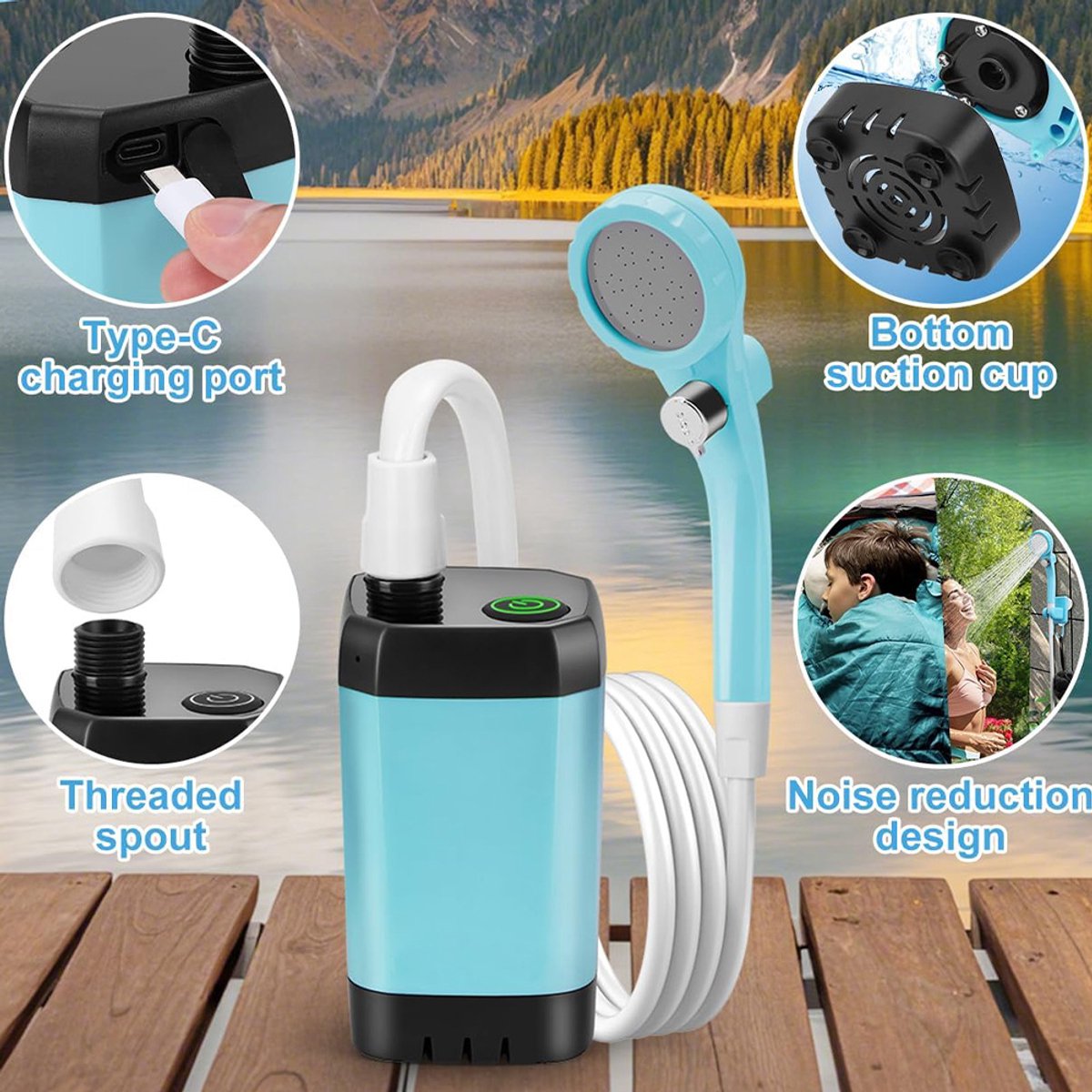 Draagbare Camping Douche - Buitendouche - Tuindouche - 6000mAh Accu - Digitale Temperatuurweergave - 3 Waterstanden - Inclusief Opbergtas - Blauw thumbnail 4