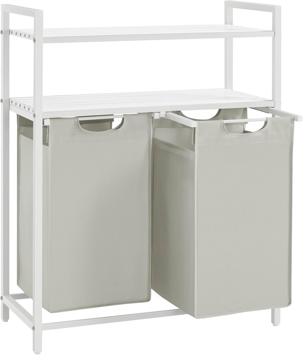 Vasagle Wasmand, wassorteerder met 2 uittrekbare en verwijderbare zakken, 2 planken, 46 l inhoud per zak, voor de wasruimte, wit