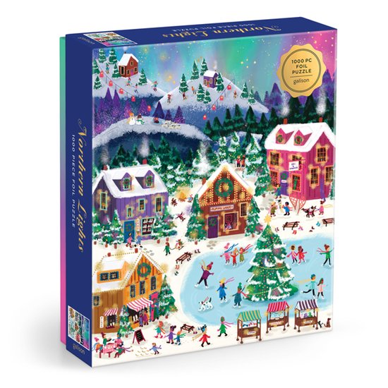Puzzeldoos van 'Northern Lights' met 1000 stukjes, met een wintertafereel van een dorp onder de aurora borealis, met schaatsers op een bevroren meer en huizen versierd met lichtjes.