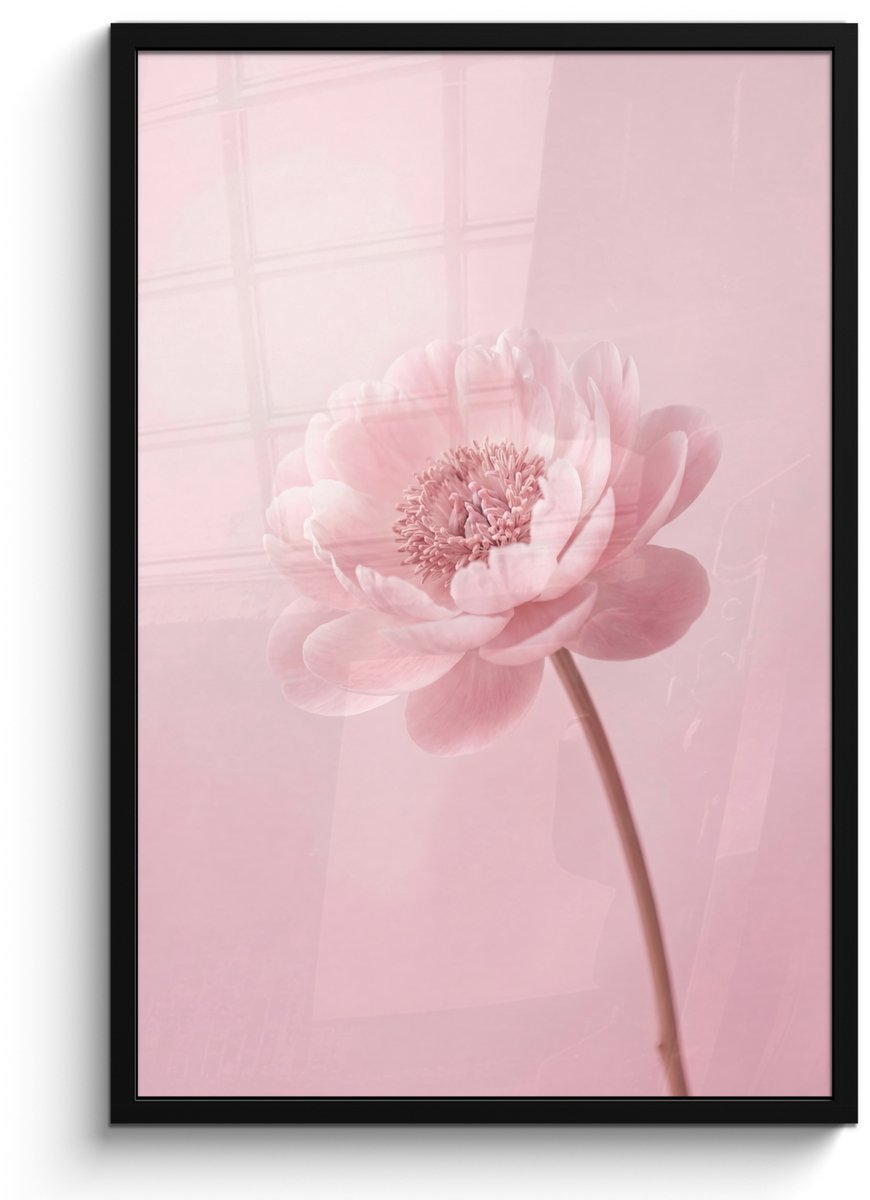 FrameYourWall Poster in lijst - Fotolijst 60x90 cm - Posters - Bloem - Pioenroos - Roze - Posterlijst zwart - Decoratie - Wanddecoratie woonkamer - Muurdecoratie slaapkamer