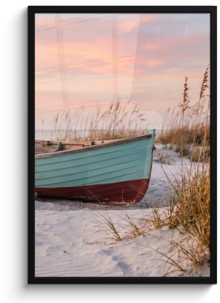 FrameYourWall Poster in lijst - Fotolijst 60x90 cm - Posters - Rustiek - Roeiboot - Zandstrand - Posterlijst zwart - Decoratie - Wanddecoratie woonkamer - Muurdecoratie slaapkamer
