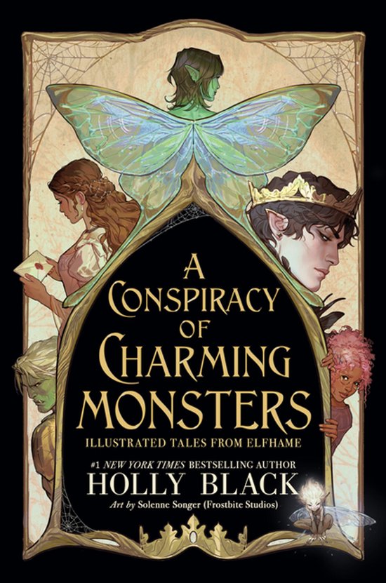 Boekomslag 'A Conspiracy of Charming Monsters' met elf-achtige figuren en de titel in sierlijk goud.