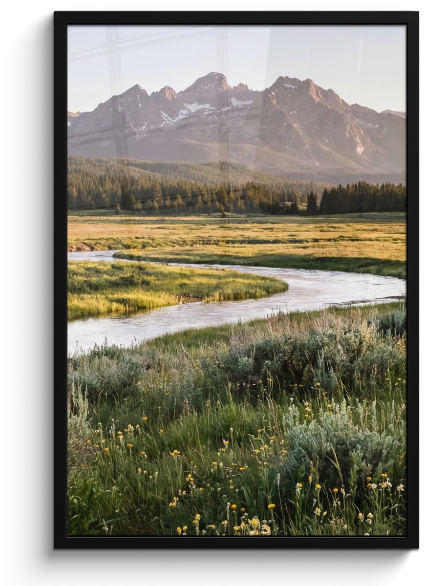 FrameYourWall Poster in lijst - Fotolijst 60x90 cm - Posters - Berglandschap - Rivier - Bos - Posterlijst zwart - Decoratie - Wanddecoratie woonkamer - Muurdecoratie slaapkamer