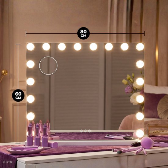 Bayt Hollywood Spiegel Make Up 80x60 Dimbaar 10x Vergroting Met Verlichting En Bluetooth Wit 2295490030