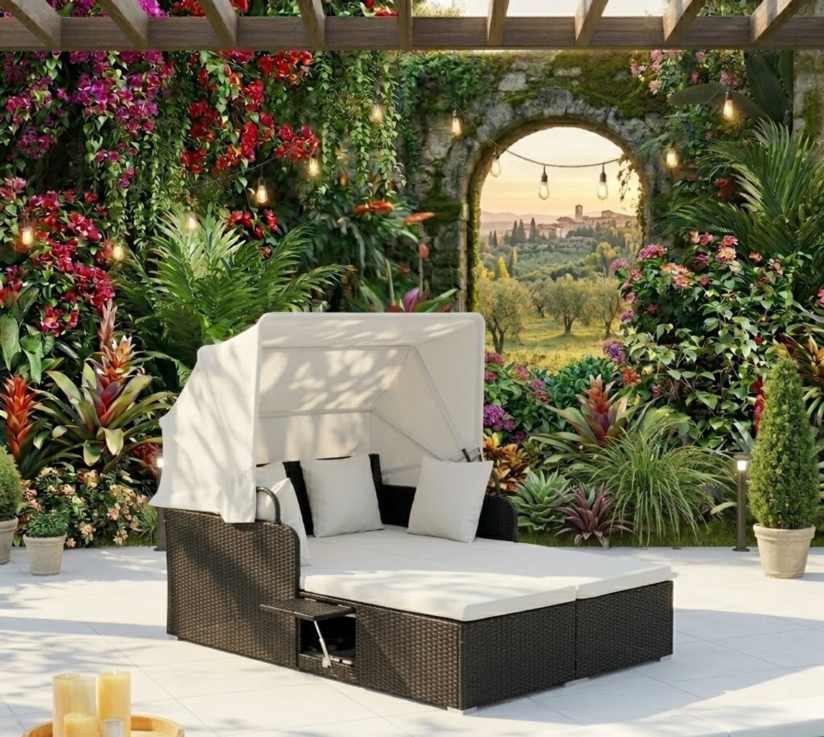 Luxe Poly Rattan Zonne-eiland Loungeset met Inklapbaar Dak en 2 Bijzettafels 165x153x70 cm – Comfortabele Tuin Loungeset voor 2 Personen
