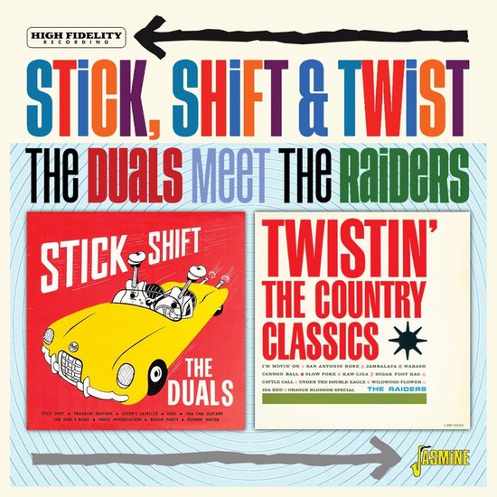 Albumhoes met de tekst "Stick, Shift & Twist", "The Duals Meet The Raiders". Gele auto met twee figuren.