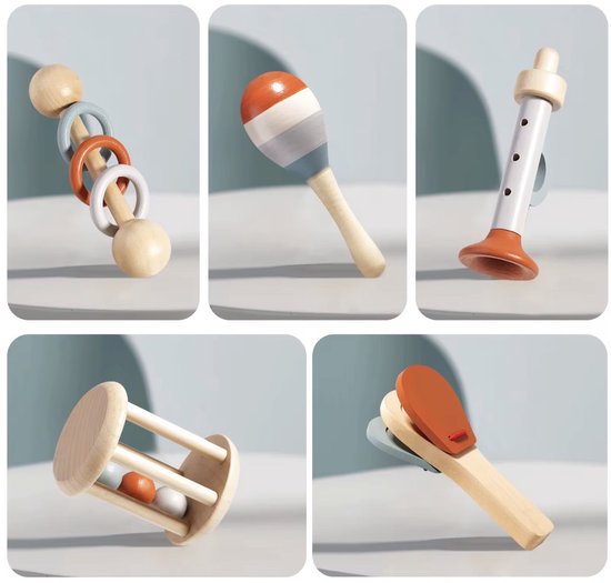 Houten Baby Muziekinstrumenten Set - 5 Stuks - Montessori Speelgoed - 6+ Maanden van Merkloos — afbeelding 3