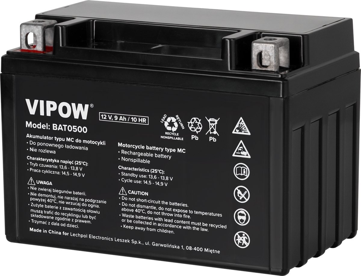 VIPOW MC Serie - Motorfietsaccu - 12V - 9Ah - Betrouwbare Start