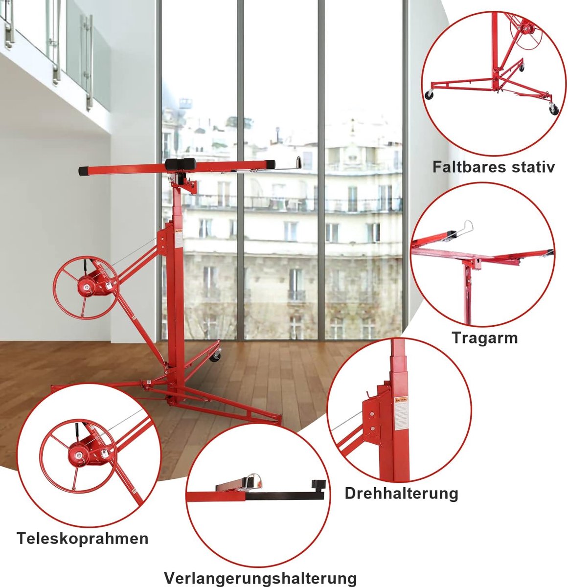 Gipsplaatlift XXL - Plaatverlager - Verbouwingen Thuis - Inklapbaar Ontwerp - 140-350 cm - Rood