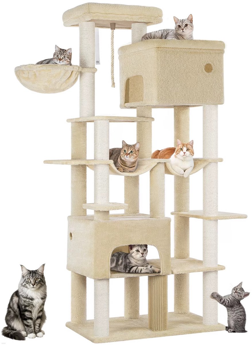 Multi Level Cat Tower - 200 cm - Krabpaal Katten Groot – Met 10 Krabpalen en 2 Hangmatten – Kattentoren met 2 Holletjes, Mand en Platform – Inclusief Kattenborstel – Geschikt voor Grote Katten en Kittens