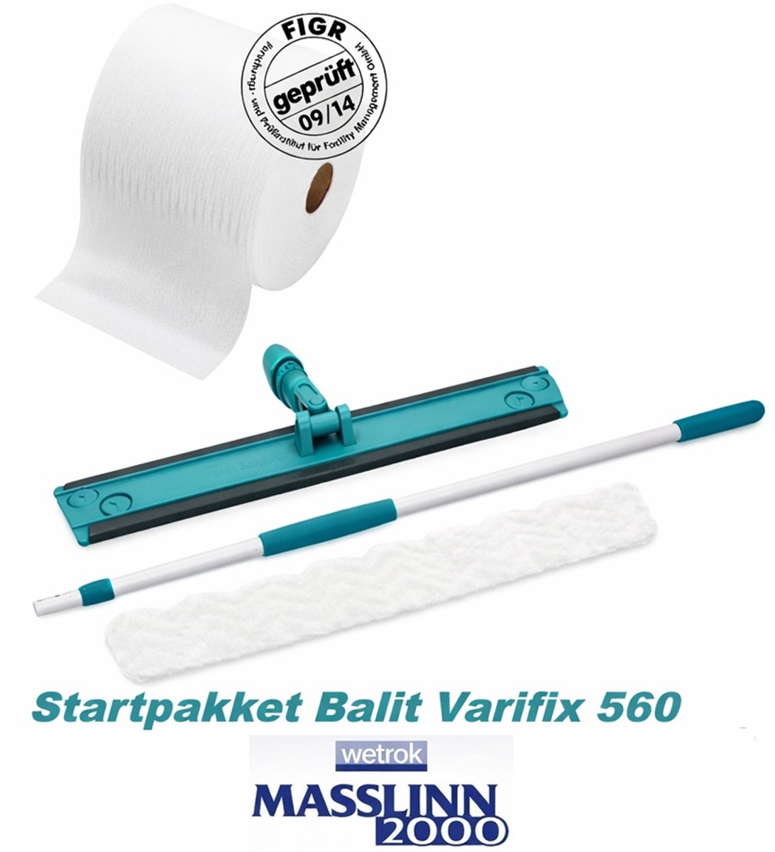 Wetrok, Balit Varifix 560 startpakket, 1 rol Masslinn 2000 stofwisdoeken, (300 doeken), telescoopsteel, wishouder, schuimzool. Wetrok Balit Varifix 560 – Kit de démarrage avec 1 rouleau Masslinn 2000, manche télescopique, support et semelle mousse