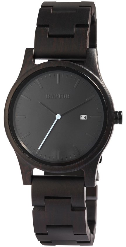 Donkerbruin houten horloge met zwarte wijzerplaat, datumvenster en Raptor logo.