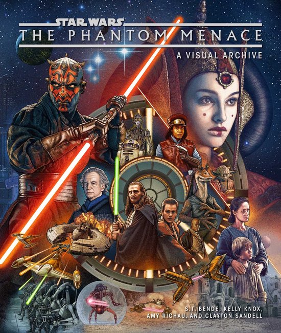 Boekomslag: Star Wars: The Phantom Menace - A Visual Archive met personages zoals Darth Maul, Padmé Amidala, Qui-Gon Jinn en R2-D2.